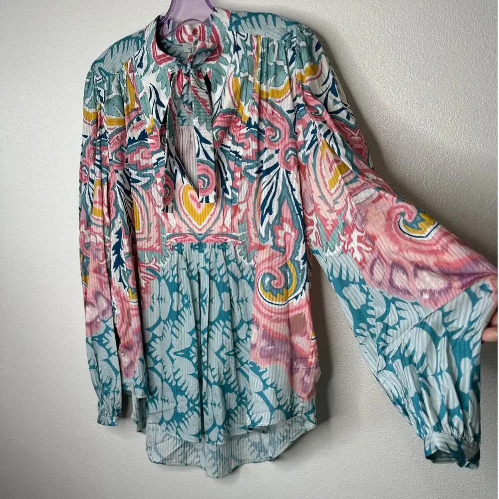 NWT Etro Teal Multicolor Paisley Georgette Long Sleeve Tie Neck Blouse 48 / XL - Picture 4 of 16